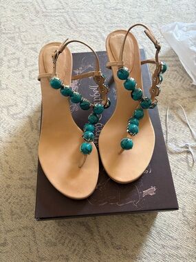 JEFFREY CAMPBELL Tan Leather Thong Sandals with Teal Bead Accents